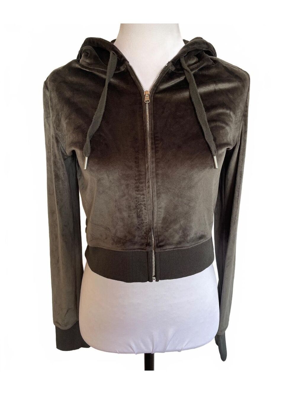 Aerie Dreamy Velour Cropped Zip Hoodie S Dark Gray Y2K McBling Model Off Duty